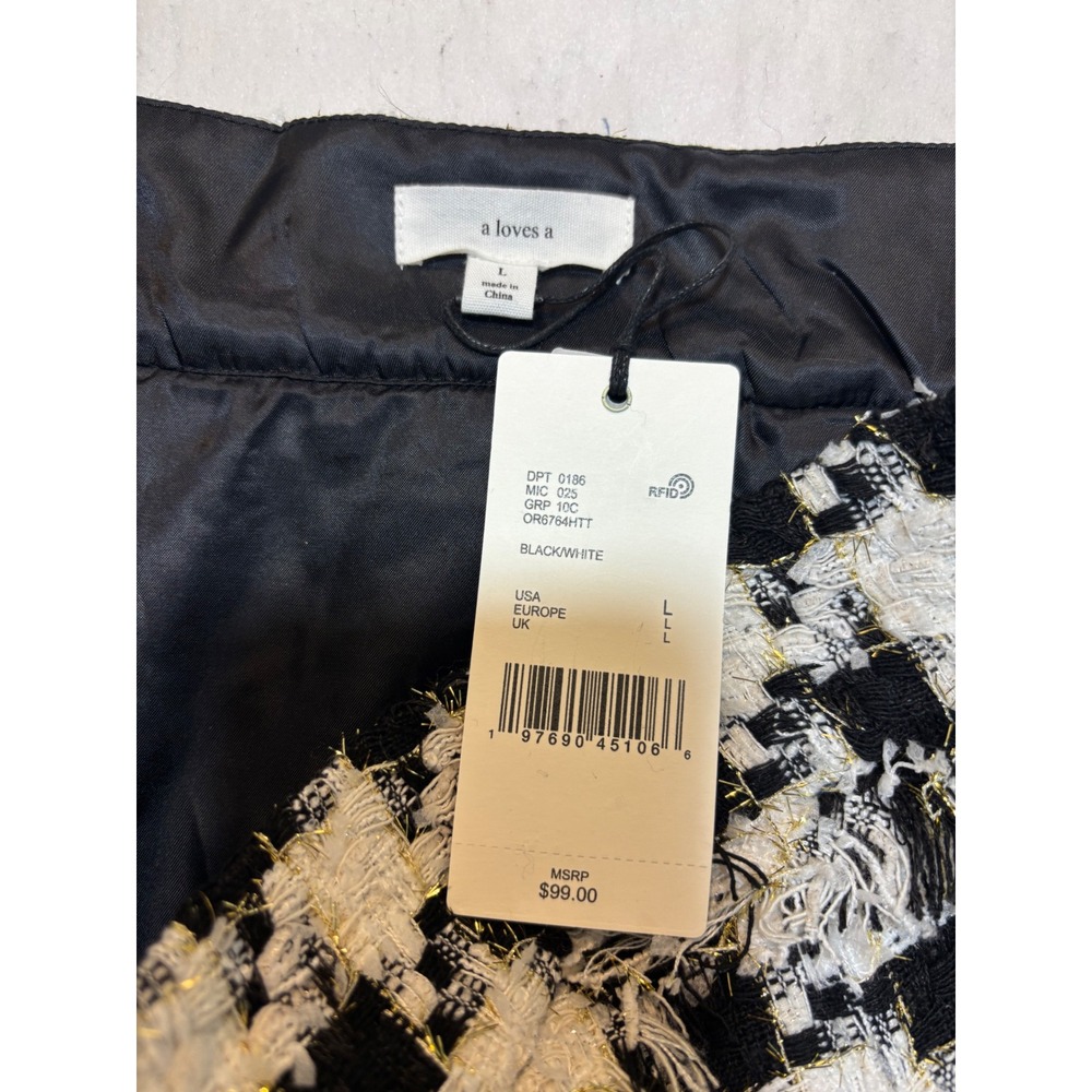 A Loves A Houndstooth Tweed Mini Skirt Black White Gold Metallic Crest Button L - Picture 8 of 11